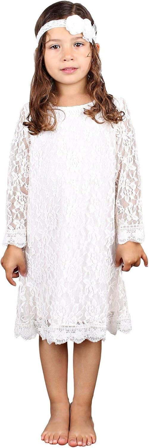 Bow Dream Short Lace Flower Girl Dress with Illusion Sleeves