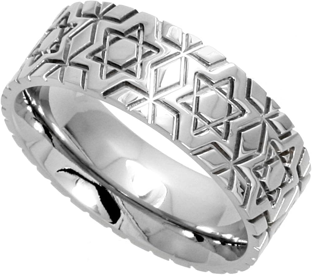 Surgical Stainless Steel 8mm Wedding Band Ring Star of David Pattern Comfort-Fit, Sizes 6-14