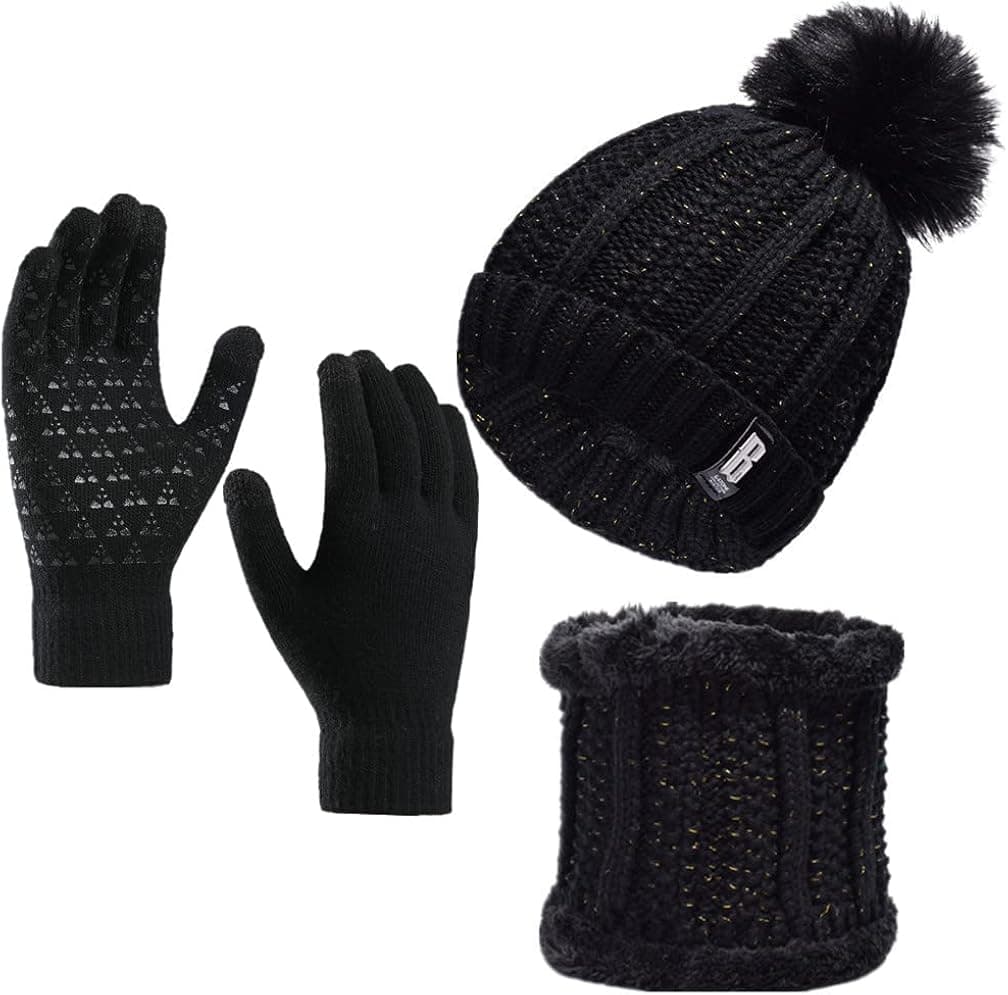 Betenlife Winter 3 in 1 Pom Hat Set Knit Beanie Hat Scarf Gloves Set for Womens Girls Knit Skull Cap with Fleece Lined