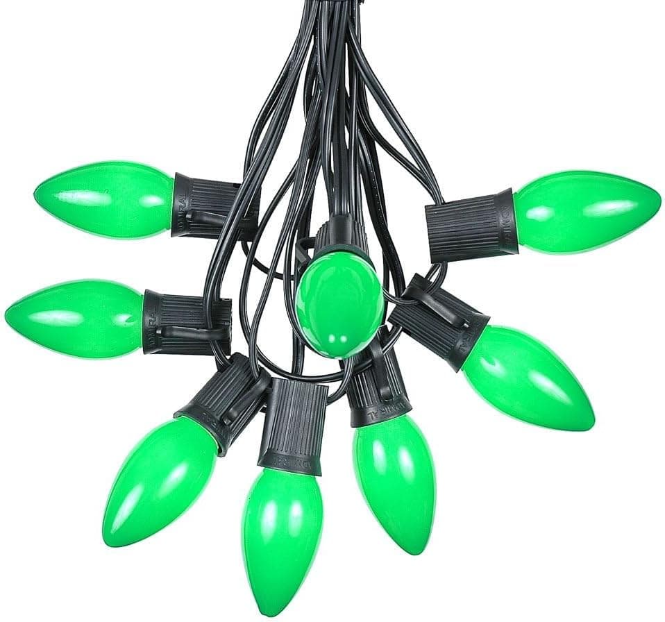 100 Foot C9 Green Ceramic Christmas String Light Set - Outdoor Christmas Light String - – Opaque Christmas Bulbs - Roofline Light String – Outdoor String Lights - Black Wire