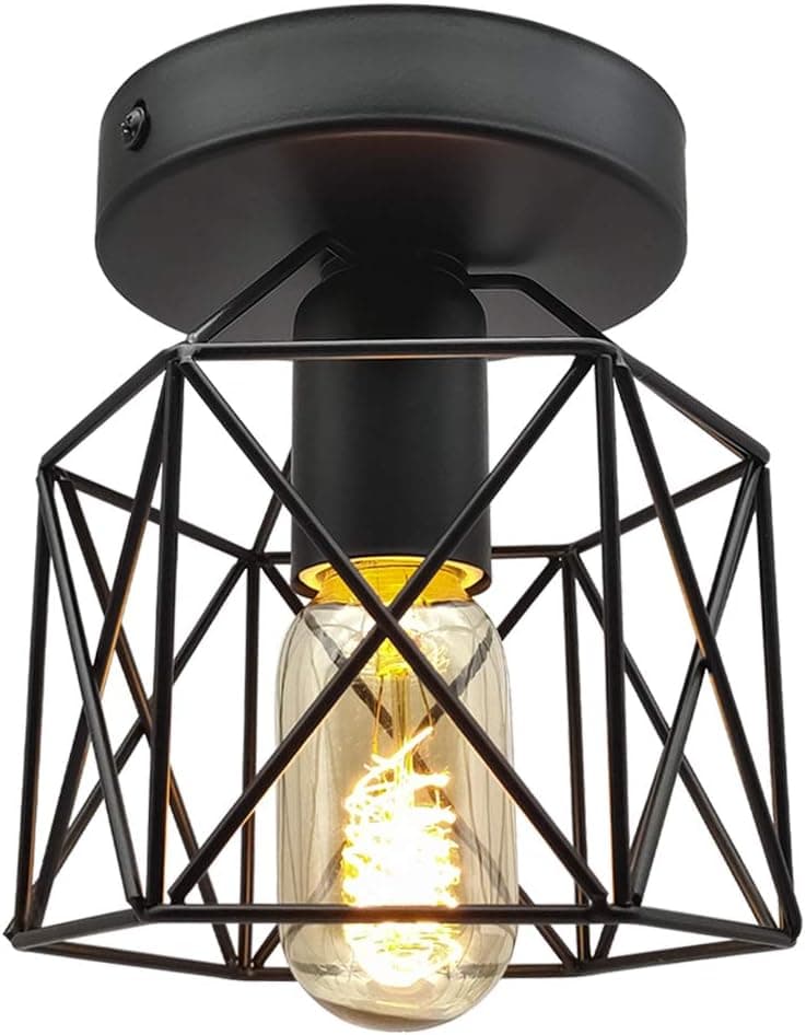 Vintage Industrial Flush Mount Ceiling Light, Bulb Included, E26 E27 Retro Black Metal Semi-Flush Mount Ceiling Light Fixture for Hallway Stairway Bedroom Kitchen Farmhouse Lighting (1 Pack)