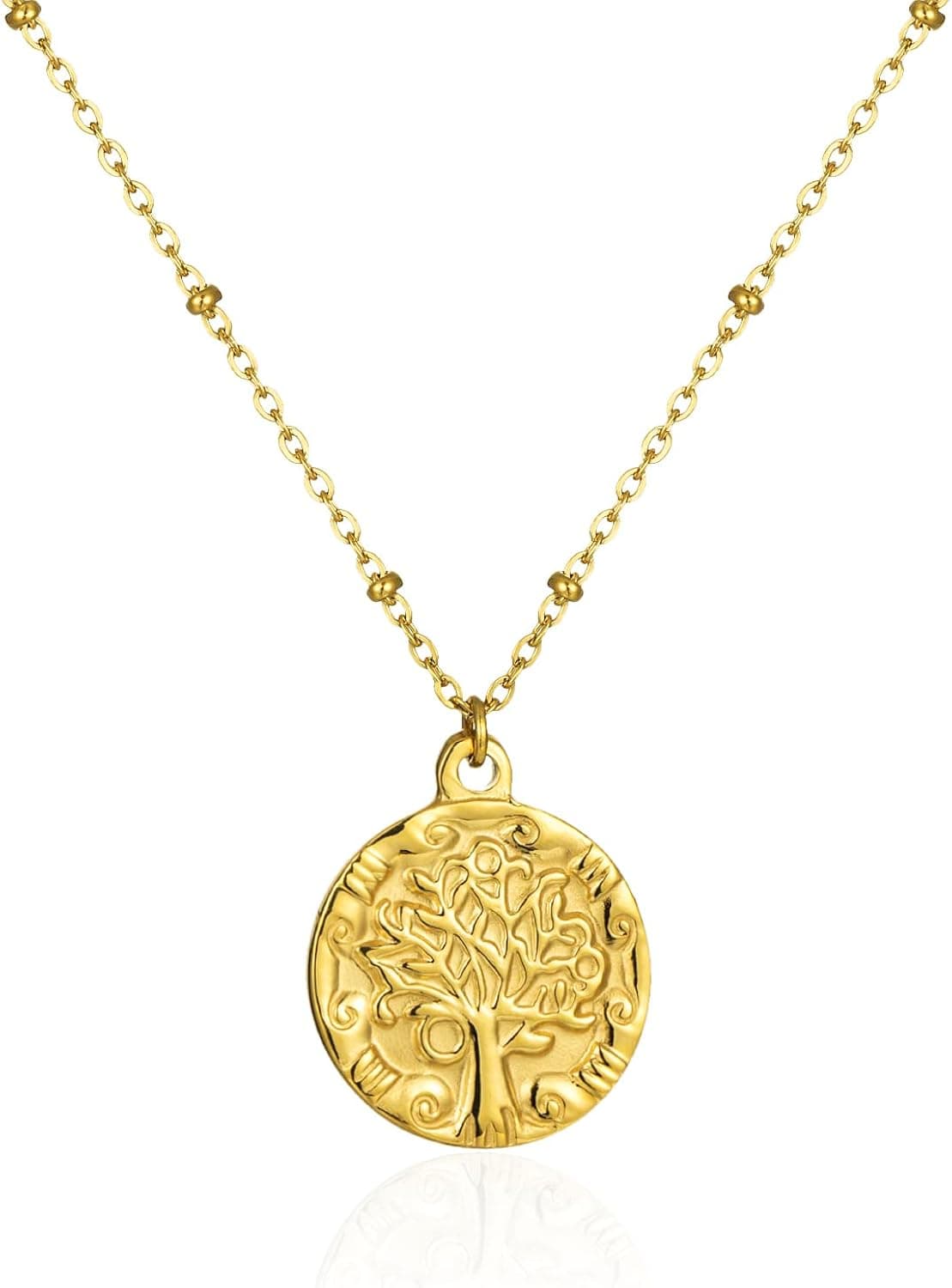 COSPERFAVER Tree of Life Gold Necklace for Women,14K Gold Plated Delicate Coin Necklace Heart Necklace,Fashion Unique Pendant Necklace for Women,Everyday Women's Jewelry Gifts