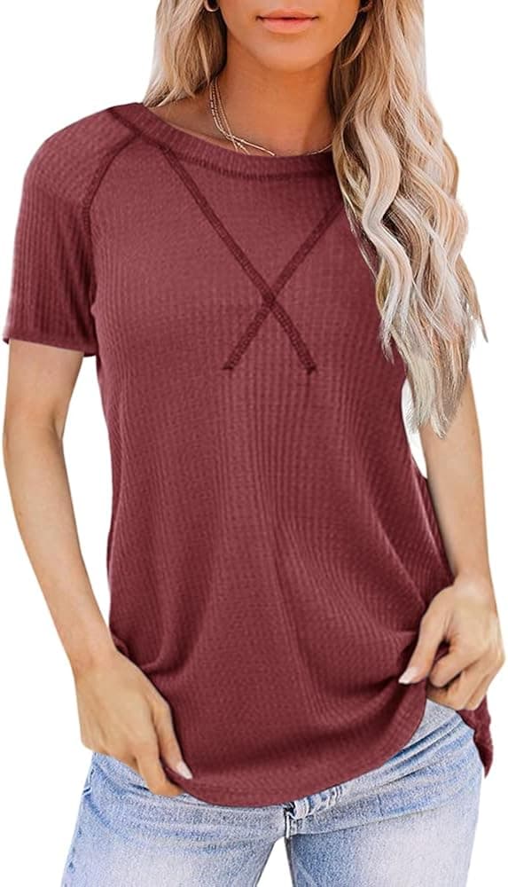 Womens Short Sleeve T-Shirts Crewneck Waffle Knit Summer Casual Tunics Tops Stretch Solid Basic Tees
