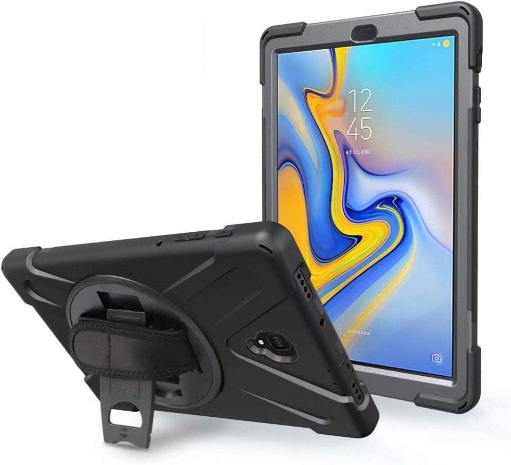 LLcase Galaxy Tab A 10.5 Case 2018, Heavy Duty Hybrid Shockproof Rugged Drop Protection Cover with 360 Degree Rotating Kickstand and Hand Strap for Samsung Galaxy Tab A 10.5 Inch SM-T590/T595,Black