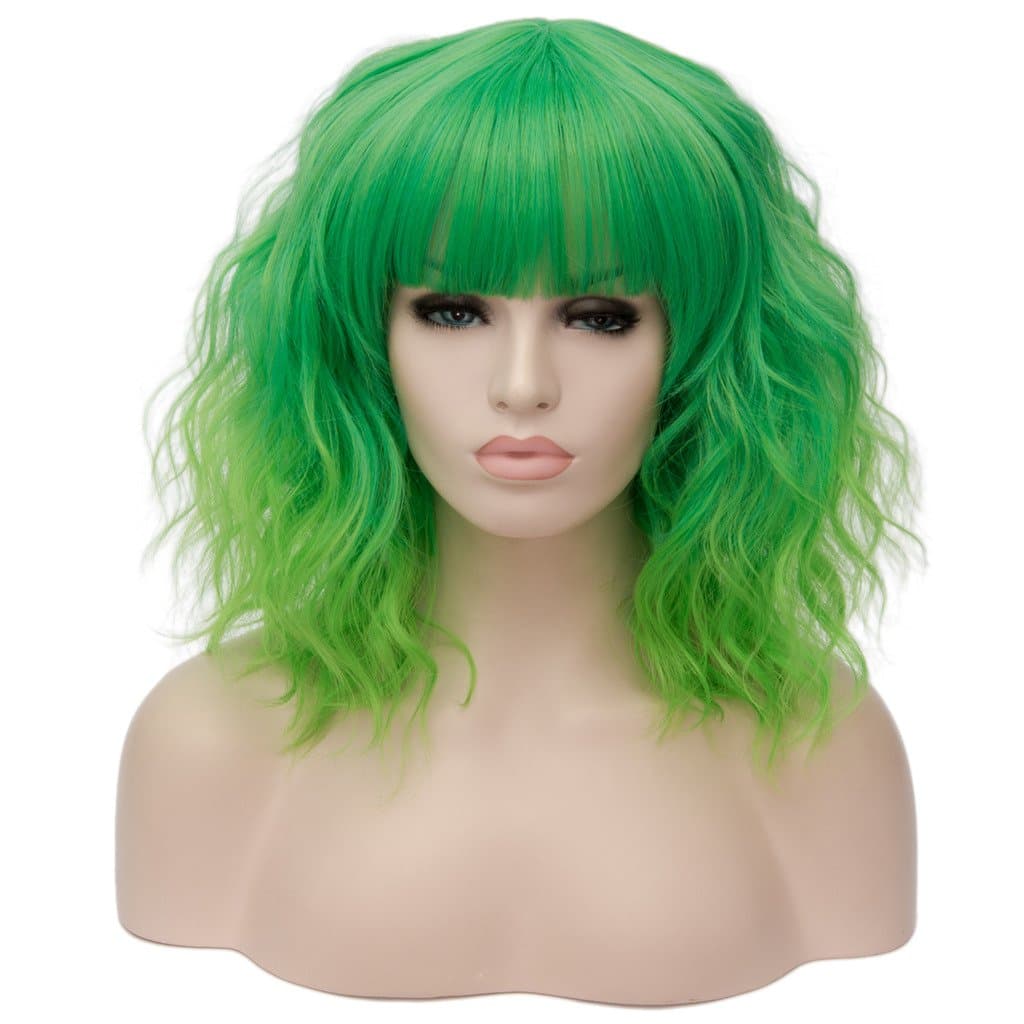 Alacos Short Green Curly Bob Daily Cosplay Party Costumes Wigs+ Cap (Light Green Ombre Bangs)
