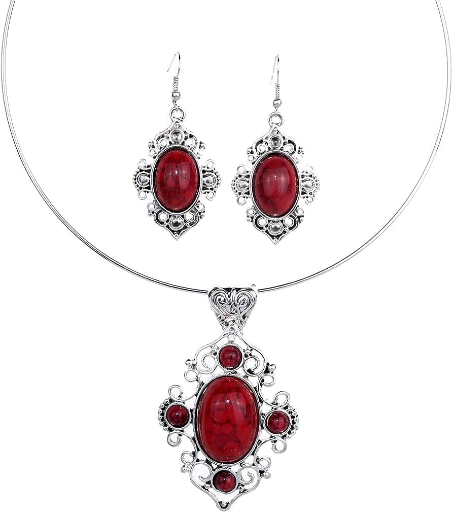 YAZILIND Retro Tibetan Silver Red Turquoise Flower Pattern Hollow Out Bib Statement Necklace Earrings Set