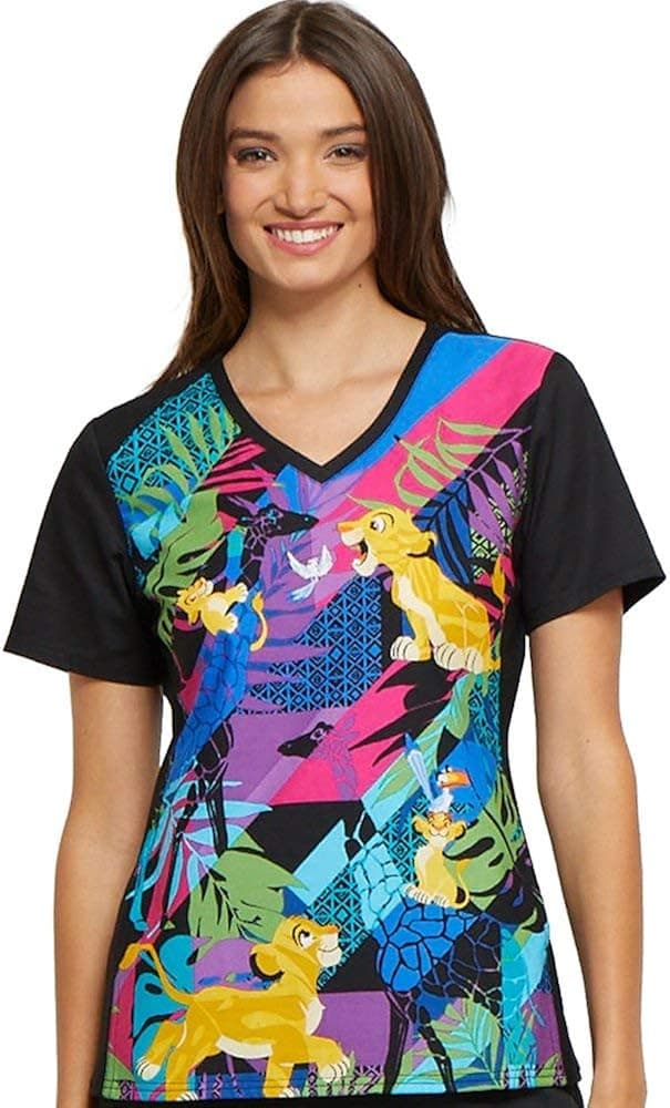 Cherokee Tooniforms Women's V-Neck Knit Panel Lion King Print Scrub Top X-Large Print