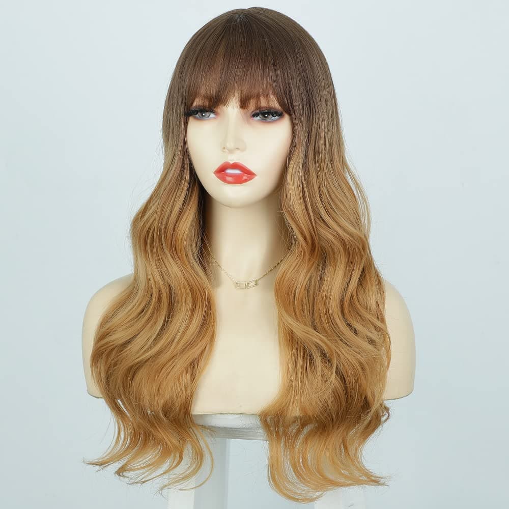 AISI QUEENS Ombre Blond Wigs Long Wavy Wig with Bangs Wig for Women Dirty Brown Wig Dark Roots Hair Synthetic Heat Resisitant Fiber for Daily Party Use