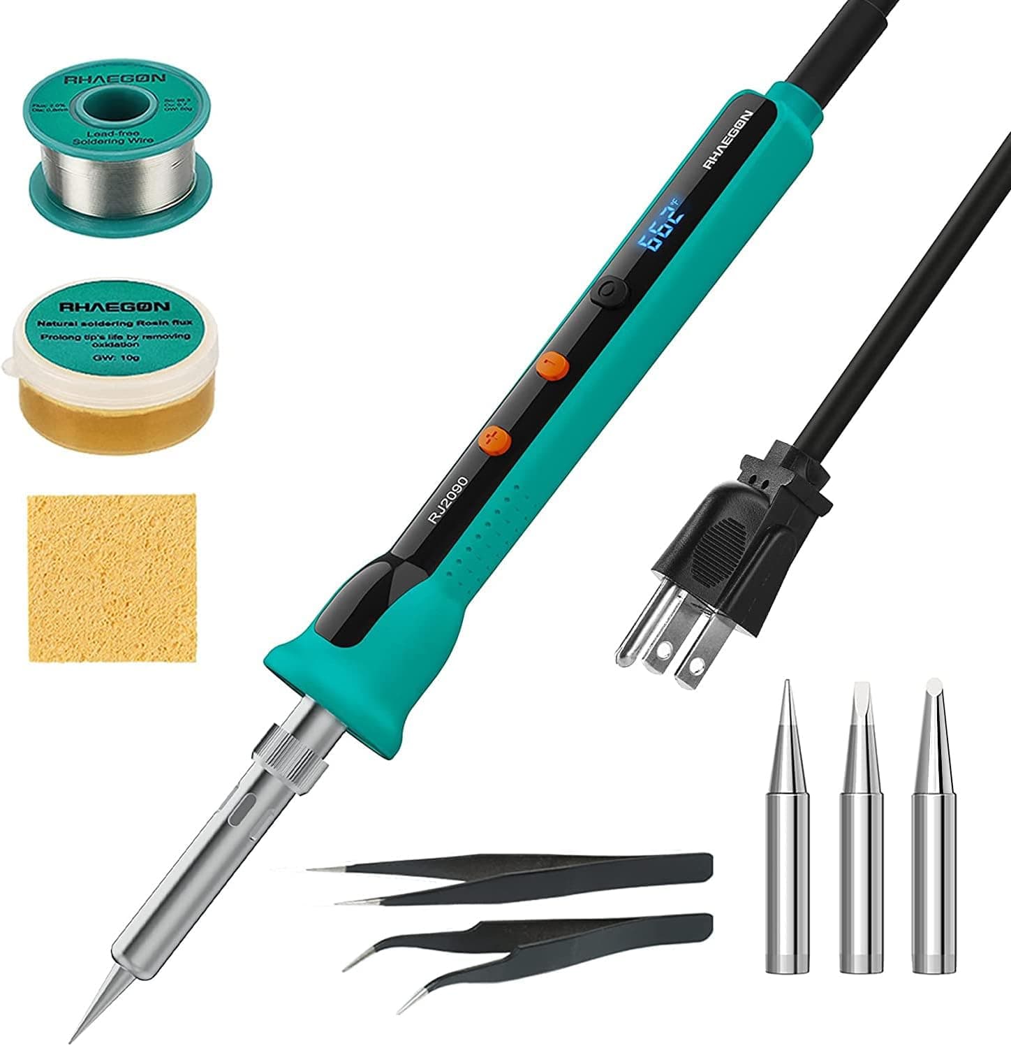 RHAEGON 90W Digital Soldering Iron with On/Off Switch, Ceramic Heater, PID Smart Temp Control (356℉ - 896℉), ℃/℉ Display, ESD Safe Soldering Kit for Electronic Works and Repairs