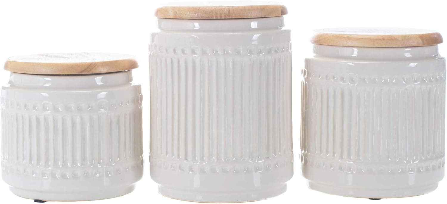 Grooved Cream White 7 x 5 Glossy Ceramic Storage Canisters With Lids Set of 3