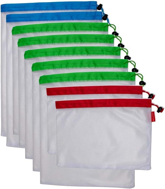 Premium Reusable Mesh Produce Bags With Drawstring - Mesh Produce Bags With Tare Weight - Set of 9 Reusable Grocery Bags - Washable Produce Bags for Fruit and Veg - BPA Free Mesh Bags for Vegetables