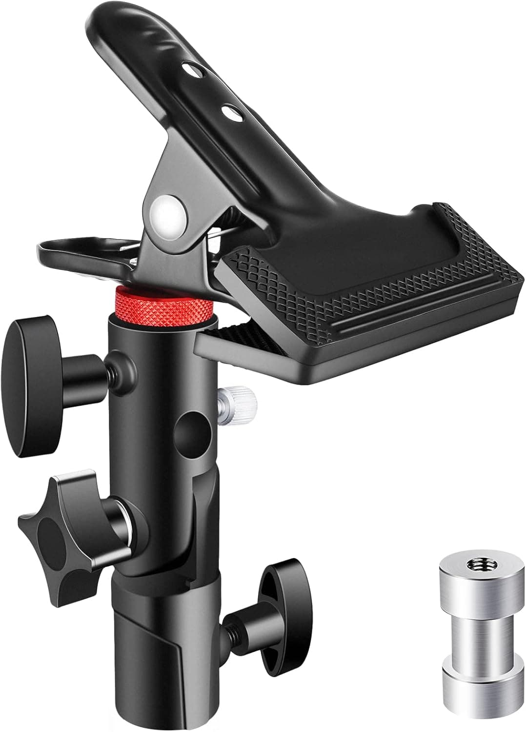 iFongsh Photography Reflector Holder Heavy Duty Metal Spring Clamp Holder, Light Stand Mount Bracket with Umbrella Hole and 1/4 to 3/8 inch Female Screw Adapter Attachment for Reflector