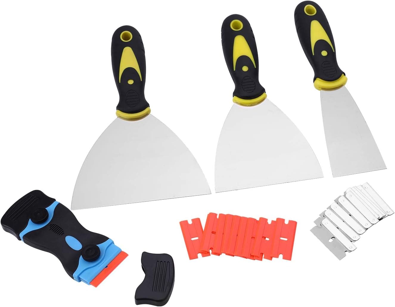 Razor Blade Scraper and Putty Knife, 2-in-1Scraper Tool with 10 Pcs Plastic Blades and 10 Pcs Metal Blades & 3 Pcs (2”4”5”) Spackle Knife, Metal Scrapers For Wallpaper,Stickers, Patching and Painting