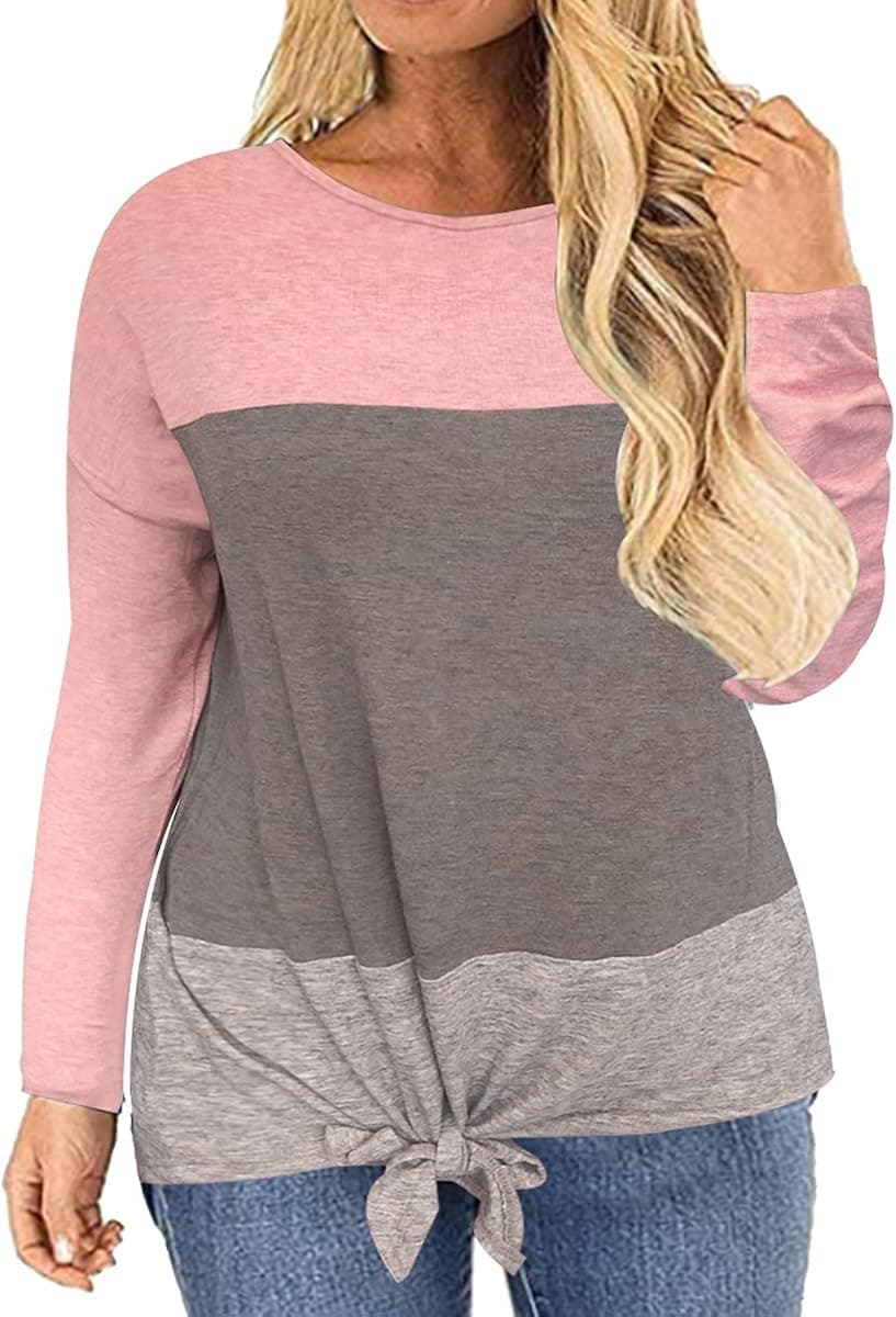 CARCOS Women Girl Plus Size Colorblock Tunic Tops Tie Knot Casual Long Sleeve Blouse Pink Grey Grey Size 3XL