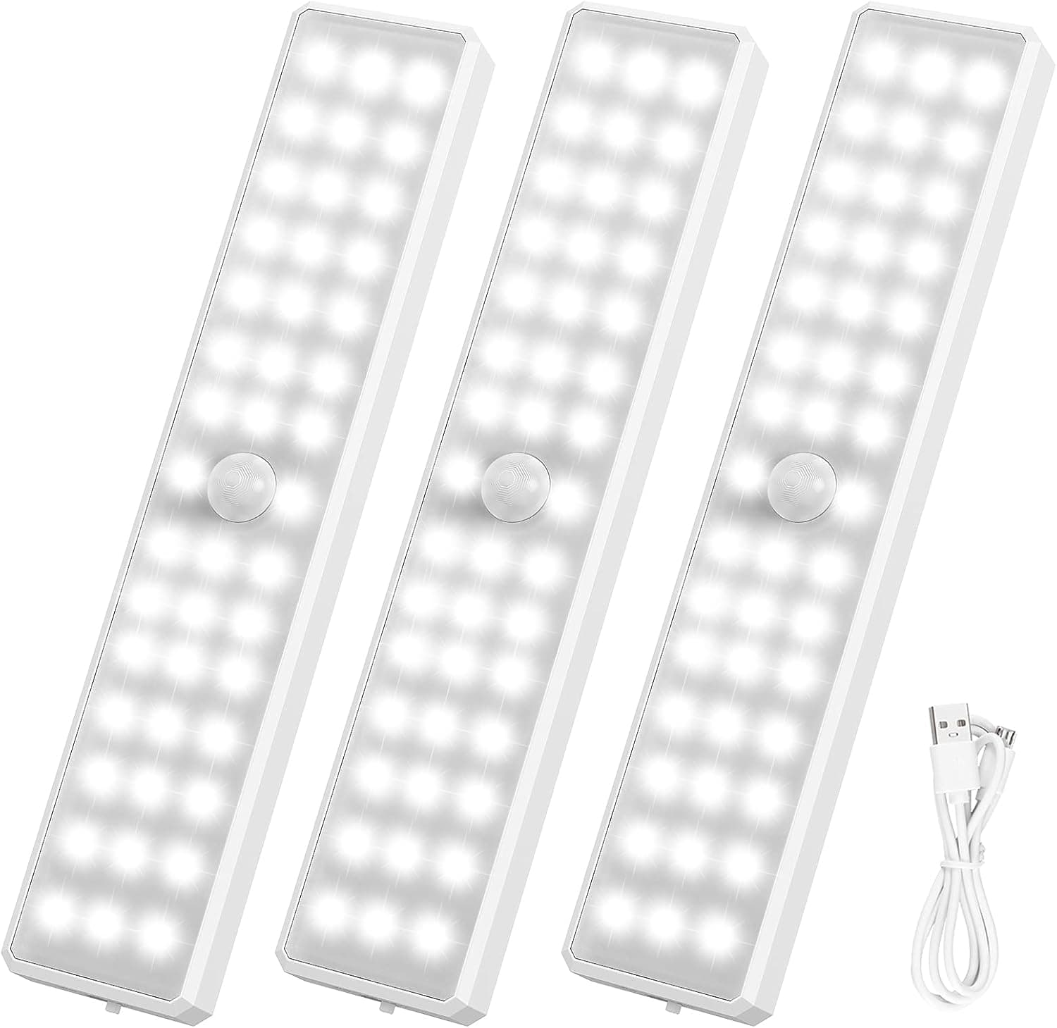 AMIR Newest Version Closet Light, 44-LED Rechargeable Motion Sensor Under Cabinet Lights, 2 Lighting Modes Stick-Anywhere Night Safe Light Bar for Stairs,Wardrobe,Kitchen,Hallway (Pack of 3)
