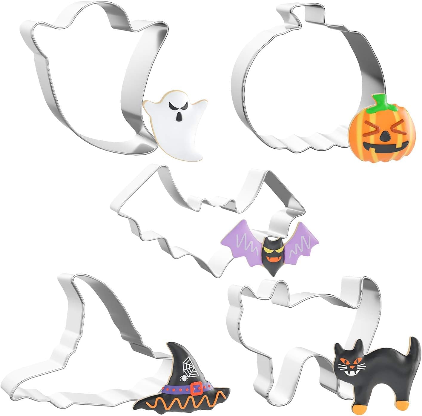 Halloween Cookie Cutters Set, eShiper 5-Pices Stainless Steel Baking Shape Mold Pumpkin, Bat, Ghost, Cat and Witch Hat Shapes for Halloween Party Treat, Decoration