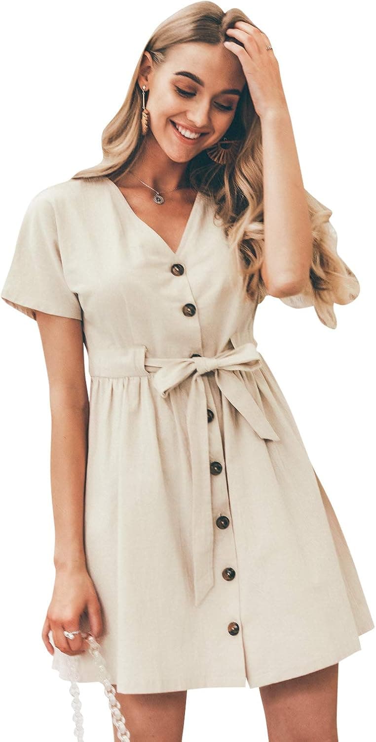 Simplee Women's V Neck Short Sleeve Dress Tie Mini Dress with Buttons Apricot 8