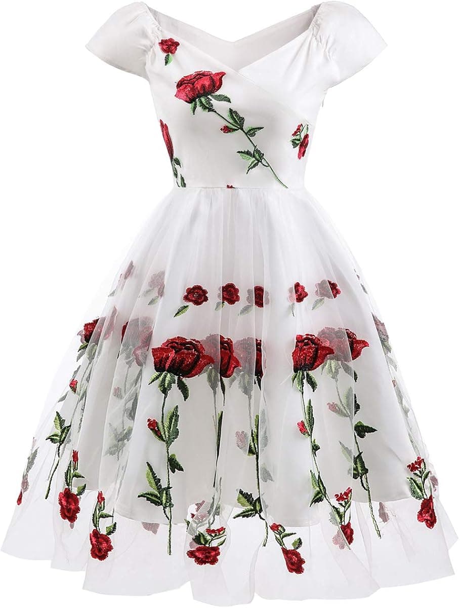 Women Vintage Off Shoulder Rose Embroidered Floral Evening Dress V Neck Short 3/4 Sleeves Wedding Cocktail A Line Midi Gown