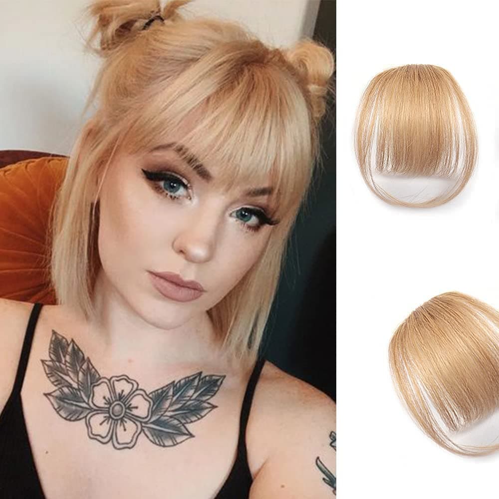 Nimoki Bangs Hair Clip in Bangs Human Hair Air Bangs Hairpiece for Women Clip on Fringe Bangs Real Hair Wispy Bangs Neat Bangs with Temples One-Piece Bangs Hair Extensions for The Party (Dark Blonde)