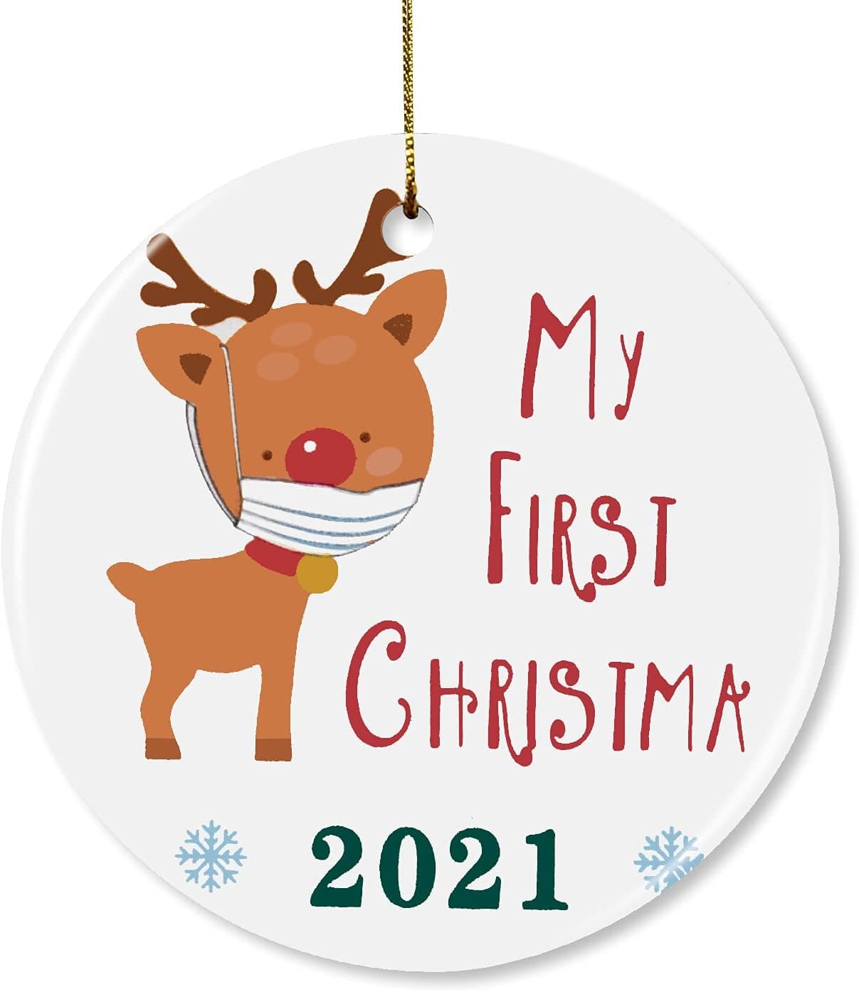 2021 Christmas Ornaments | My First Christmas | Reindeer with Mask Baby 1st Xmas Ornament New Parents Mom Dad Presents | Ceramic Holiday Decoration for Boy Girl