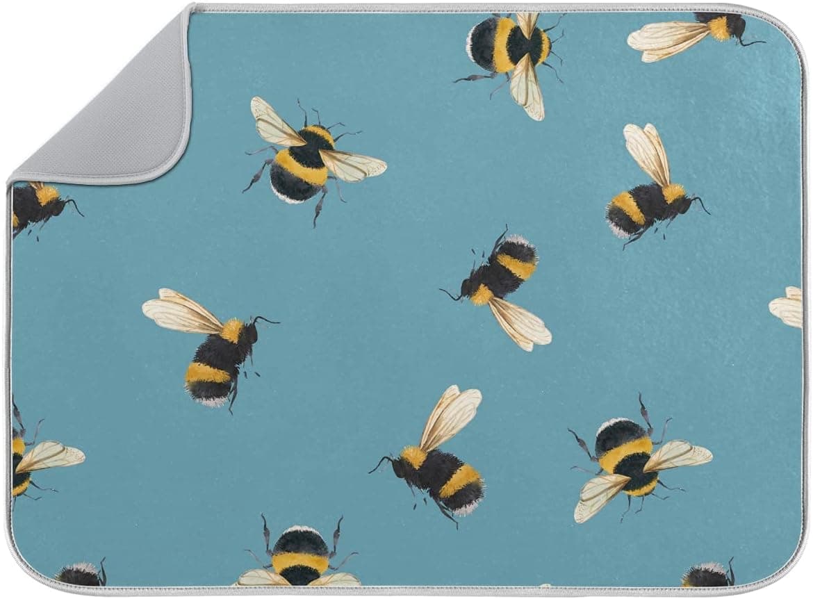 vvfelixl Dish Drying Mat Flying Bumblebee Drying Mat Microfiber Absorbent Dish Mat for Kitchen, X-Large, 18" x 24", Blue