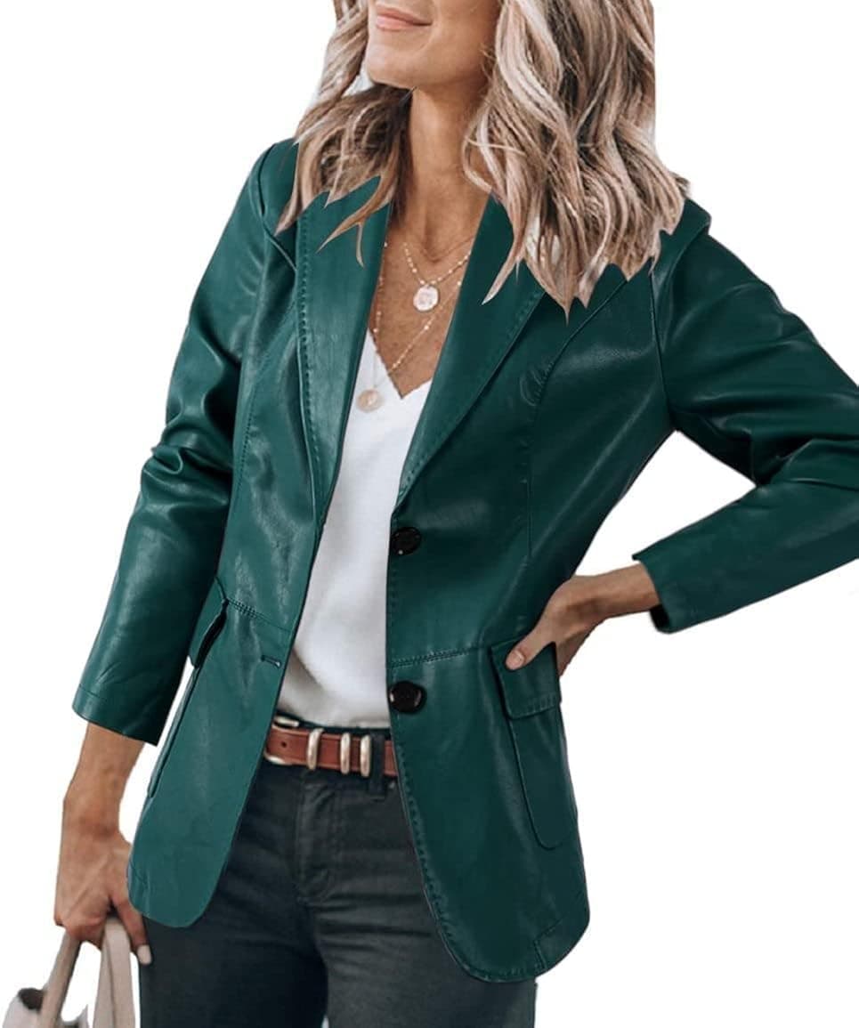 Danedvi Women's Fashion Faux PU Leather Moto Biker Jacket Slim Coat Casual Lapel Blazer Suit Long Sleeve Button Outerwear