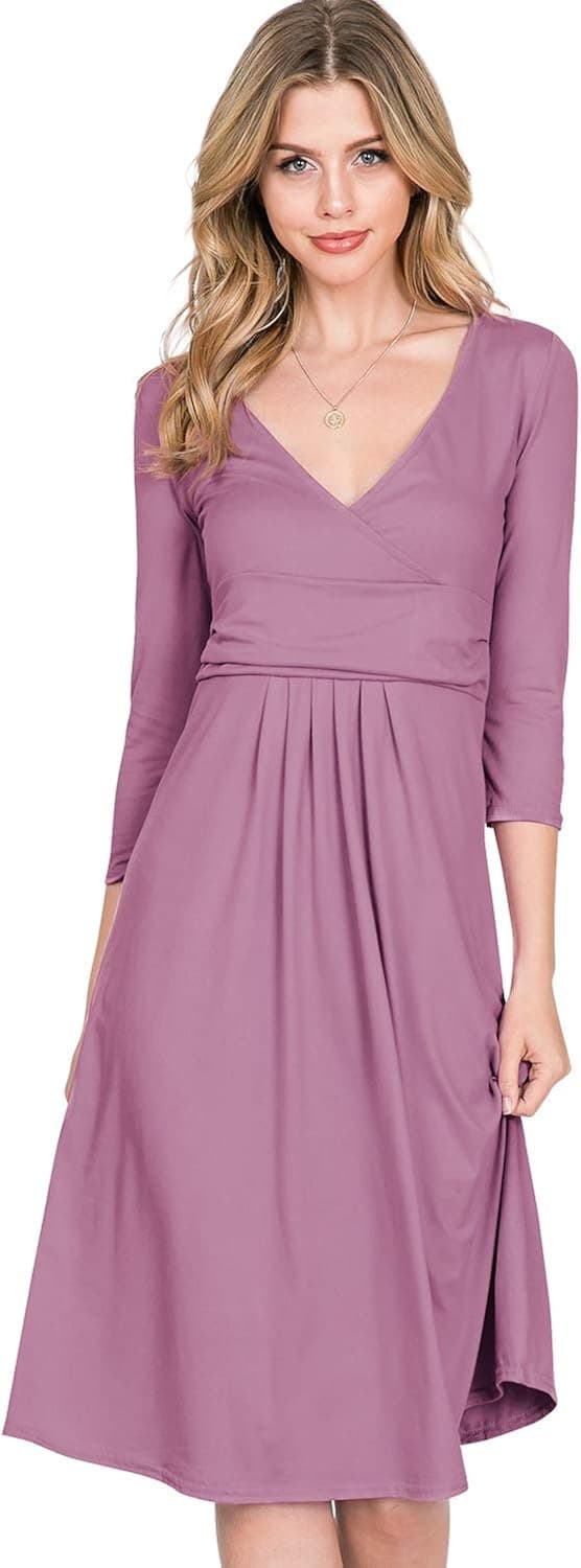CLOVERY Women's Casual Flare Plain Simple 3/4 Sleeve T-Shirt Loose Dress Mauve XL Plus Size