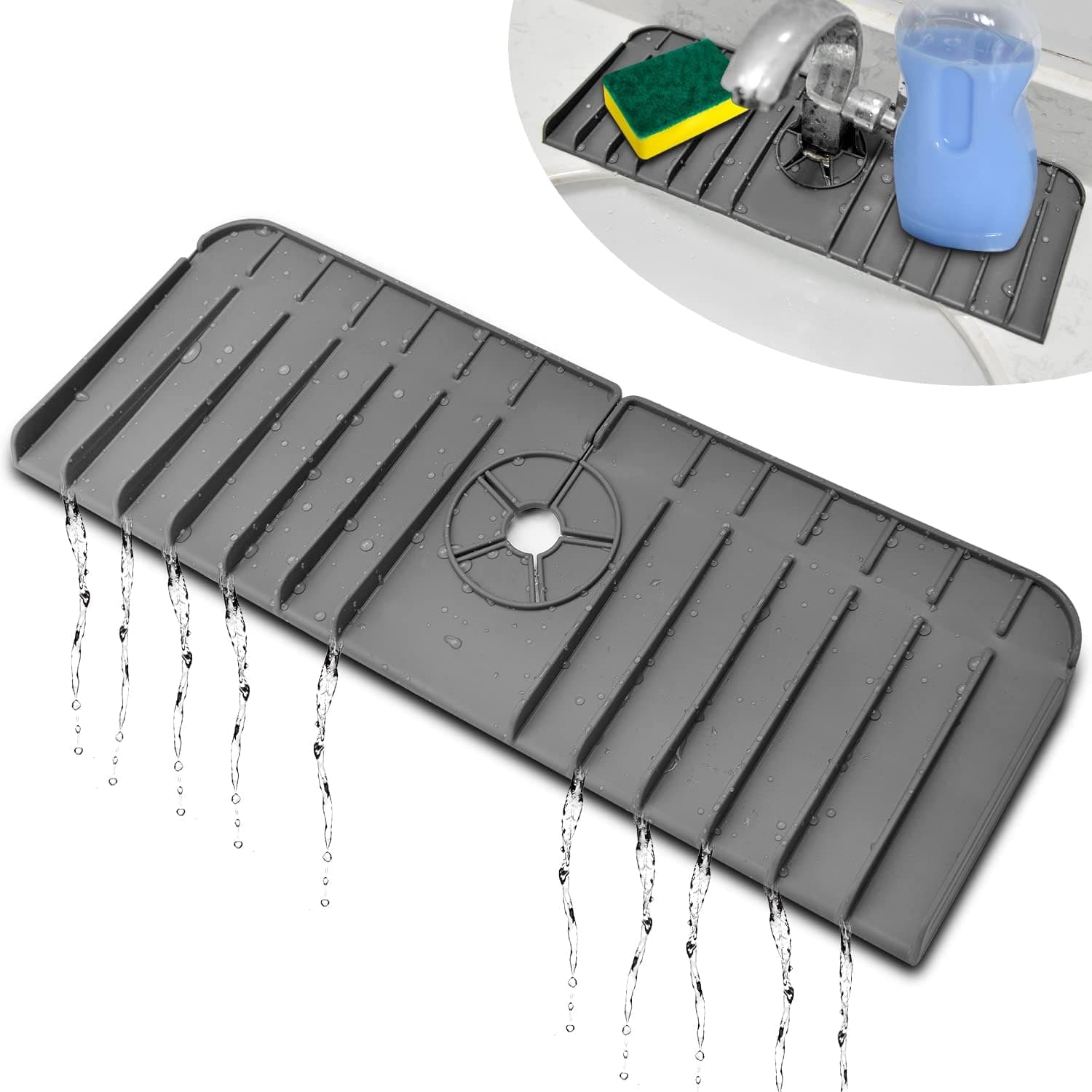 Kitchen Sink Faucet Splash Guard: Silicone Faucet Handle Drip Catcher Tray Self Draining Mat Sink Splatter Protectors Rubber Drying Mat Faucet Splash Catcher for Kitchen Bathroom Farmhouse (A-Gray)