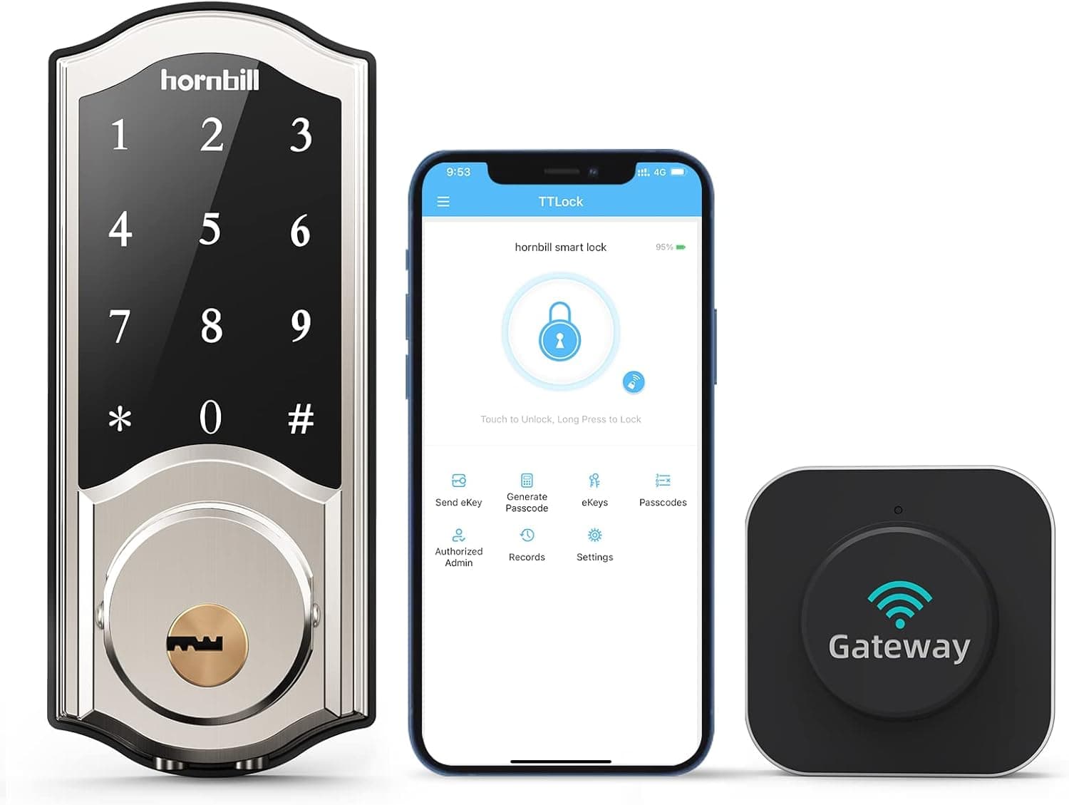 WiFi Smart Door Lock, hornbill Keyless Entry Digital Front Door Lock with Wi-Fi Bridge, Deadbolt with keypad, Bluetooth Electronic Auto Lock, Free App Control, Work with Alexa