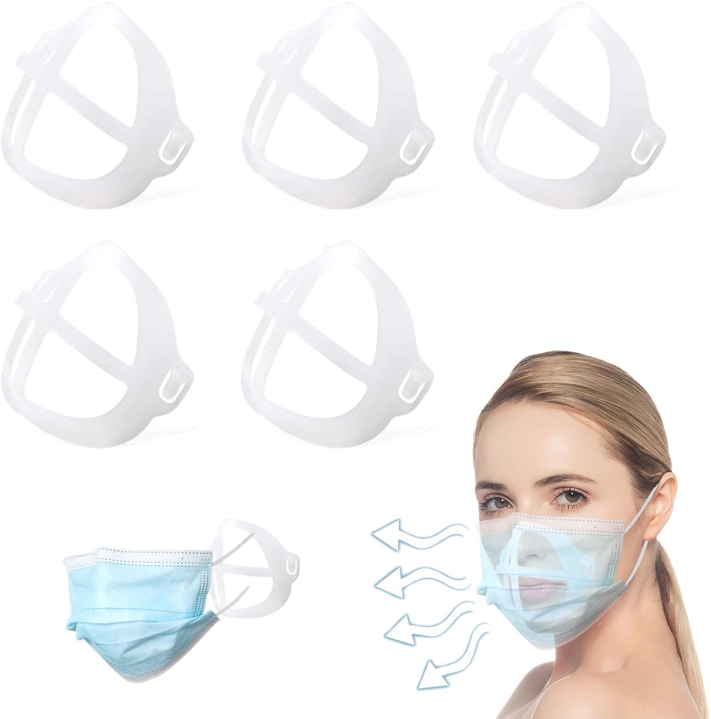Silicone 3D Bracket for mas-k Inner Support Frame Cool Lipstick Protector Stand Nose Comfortable Breathing Space Washable Reusable Bracket for adult (White) (5pcs)