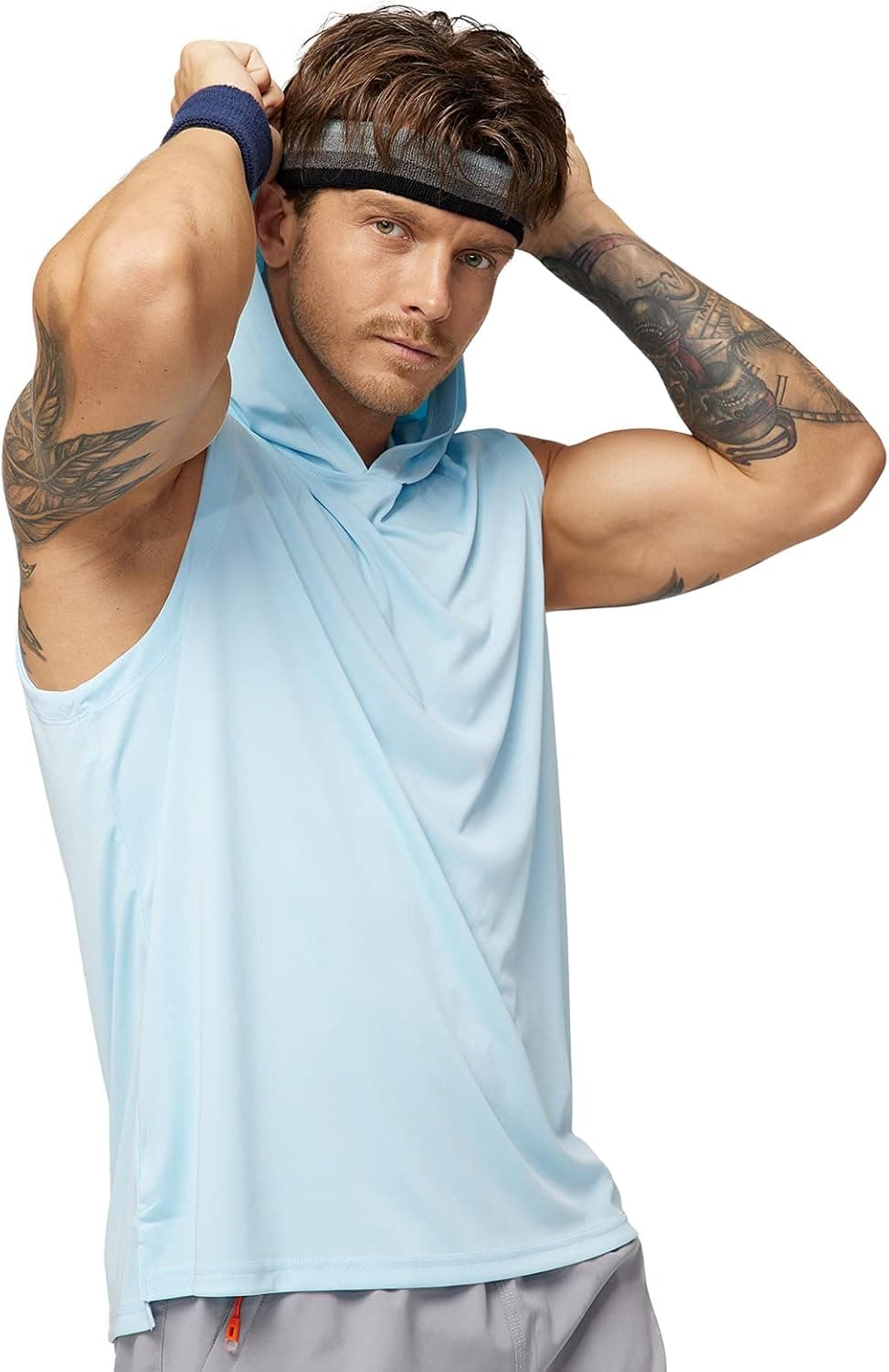 MIER Men's Athletic Sleeveless Hooded Running Tank UPF 50+ Sun Protection Quick Dry Pullover Hoodie Active Workout Jogging Sportswear Light Blue XXL