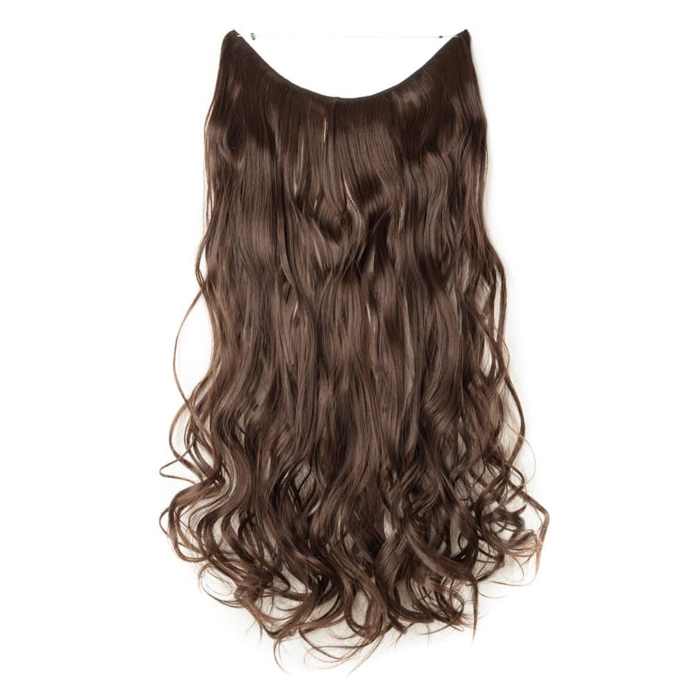 [Promo] 24" Curly Secret String Flip On No Clip Hair Extensions Natural Hidden Wire Fish Line Synthetic Hairpieces Adjustable Blackarent Wire Medium Brown