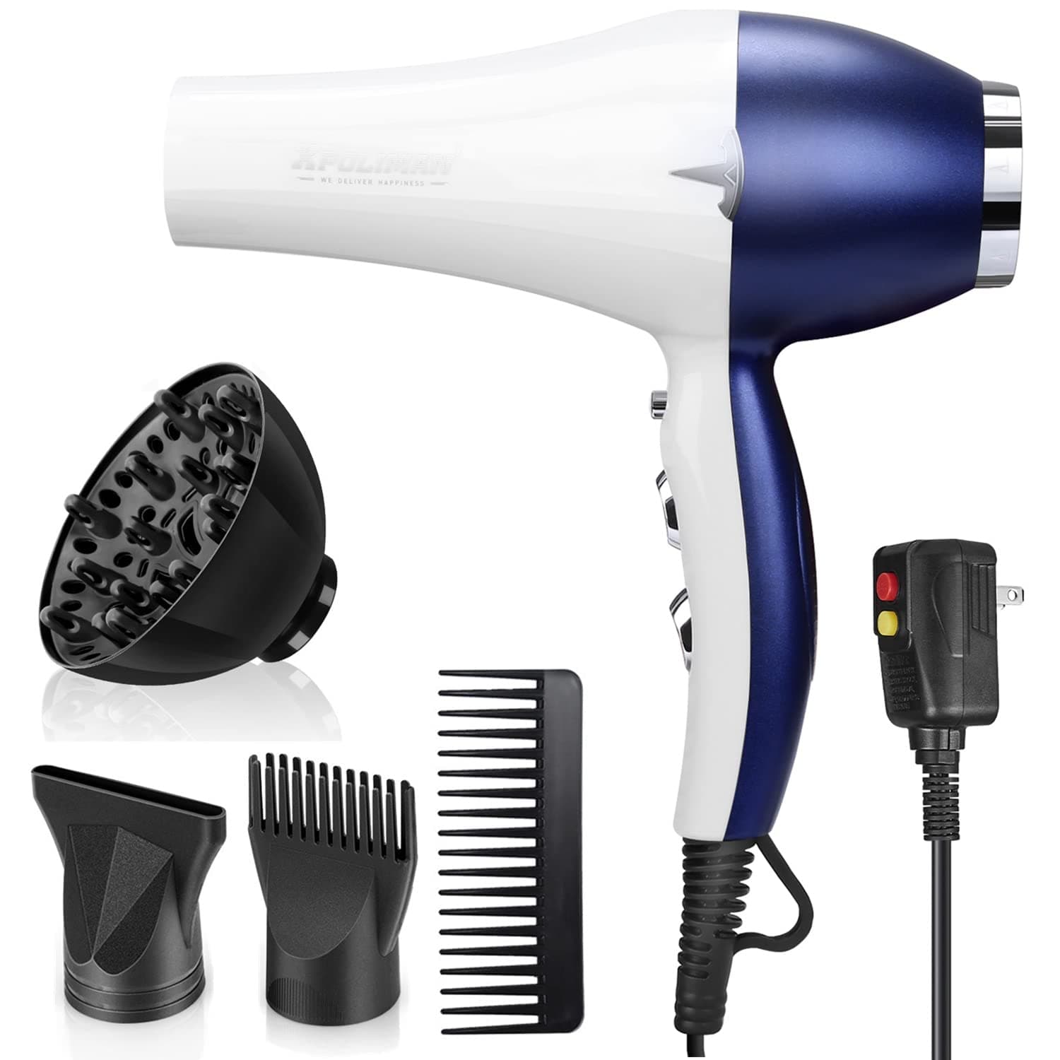 Hair Dryer 2000W, Negative Ionic Fast Dry Low Noise Blow Dryer, Professional Salon Hair Dryers with Diffuser, Concentrator, Styling Pik,2 Speed and 3 Heat Settings,Quick Drying with AC Motor-WhiteBlue