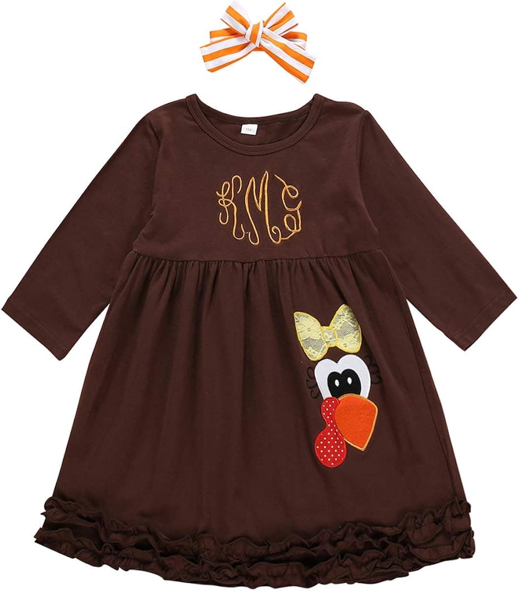 Toddler Baby Girl Thanksgiving Outfit Dress Long Sleeve Pumpkin Print with Leopard Dresses