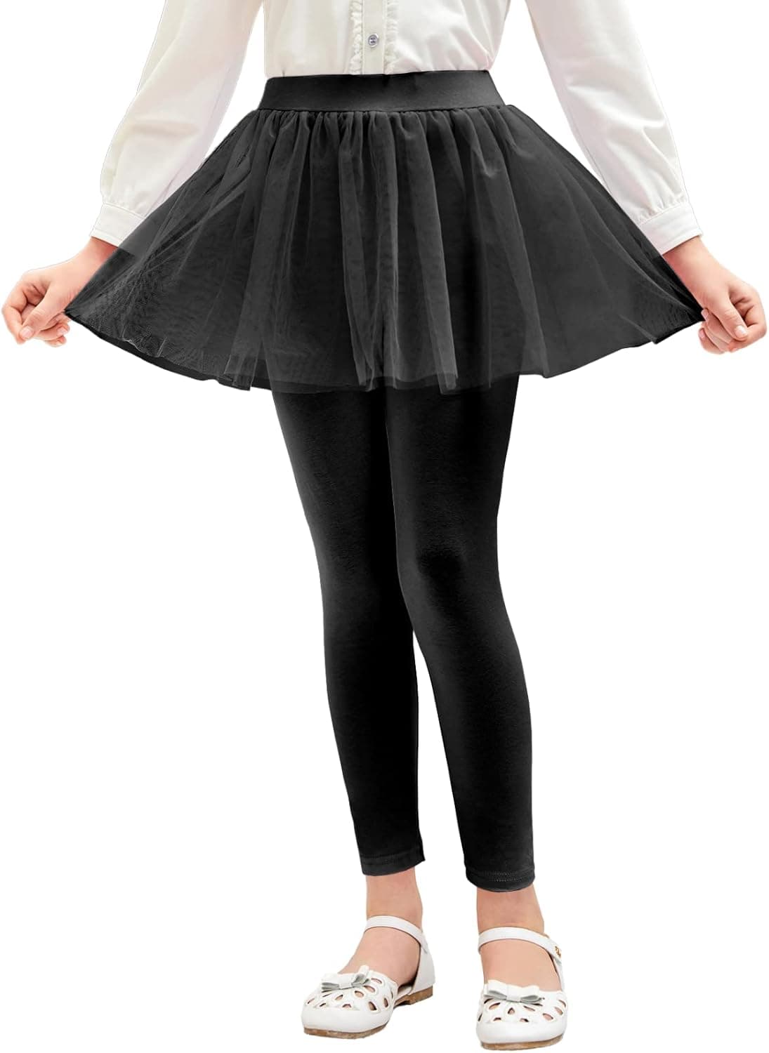 Geckatte Girls' Leggings with Tutu Skirts Ruffle Lace Footless Elastic Waist Solid Stretchy Pantskirts 5-14 Years