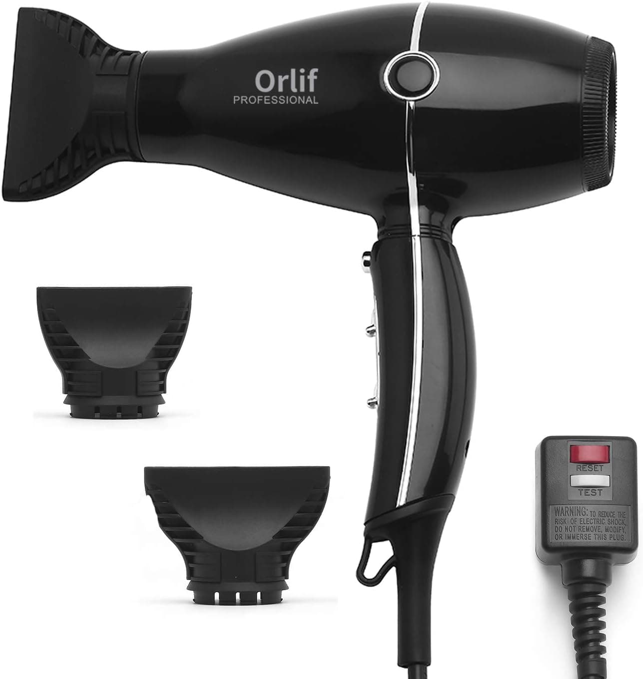 Orlif 1875W Hair Dryer,Ionic Fast Dry Noiseless Hair Blow Dryer with AC Motor,Professional Salon Hair Dryers with 2 Concentrator Nozzle Attachments,2 Speed and 3 Heat Settings,Cool Shot Button,Black