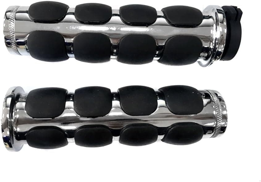 MMG Powersports Handlebar Grips 1” (26mm) Non-slip Gel Rubber Hand Grips for all motorcycles Cruisers Choppers Street Harley – Billet Aluminum Chrome Finish