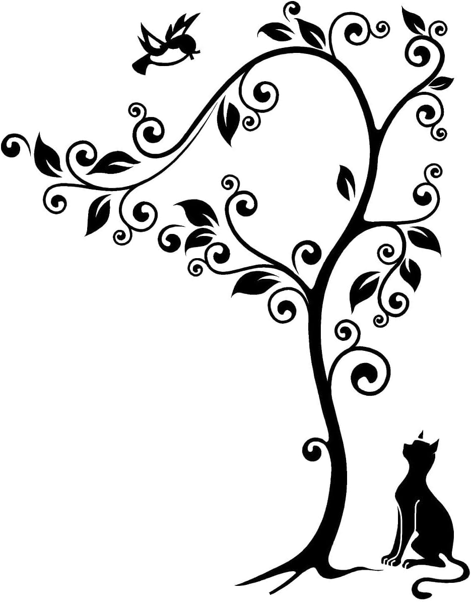 Newclew Cat Under a Tree Looking at The Bird Friend Flying Resting On Tree Branches with Leaves and Flowers Vinyl Wall Decal Sticker Decor