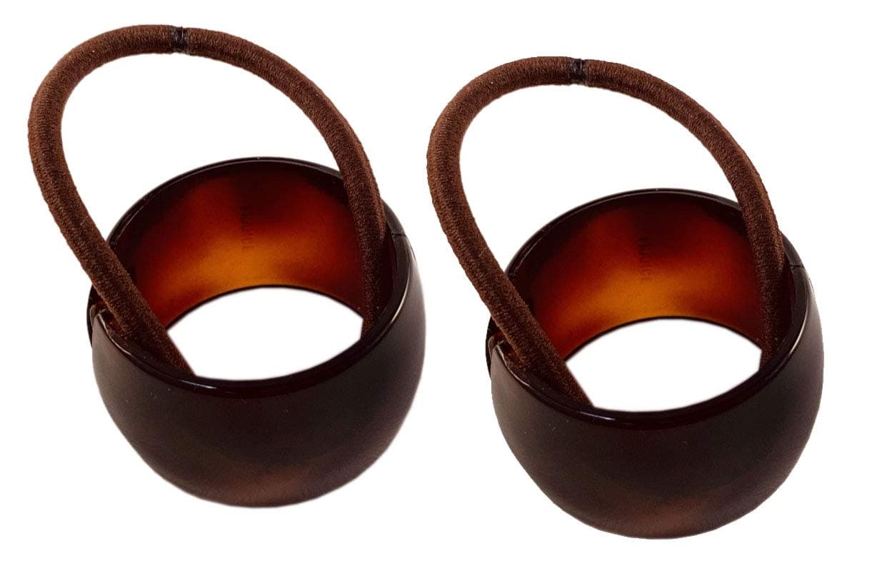 Parcelona French Cuff Rings Tortoise Shell Brown Small Celluloid Set of 2 Flexible Elastic Hair Tie for Girls and Women