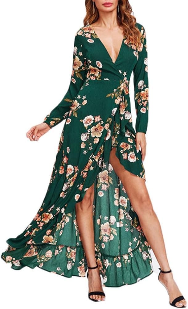 Verochic Women's Long Sleeve Floral High Low V-Neck Long Maxi Dress
