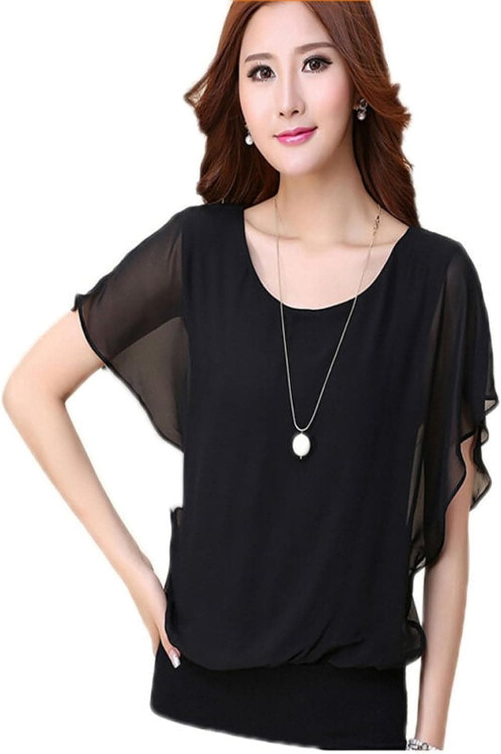 FINEJO Womens Long Sleeve Slim Fit Floral Lace Organza Blouse ,Black ,Medium