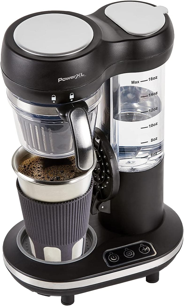 PowerXL Grind & Go, Automatic Single Serve Coffee Maker with Grinder Built-in and 16 oz. Travel Mug, Single Cup Drip Coffee Machine, Stainless Steel Blades, CL-004, Black