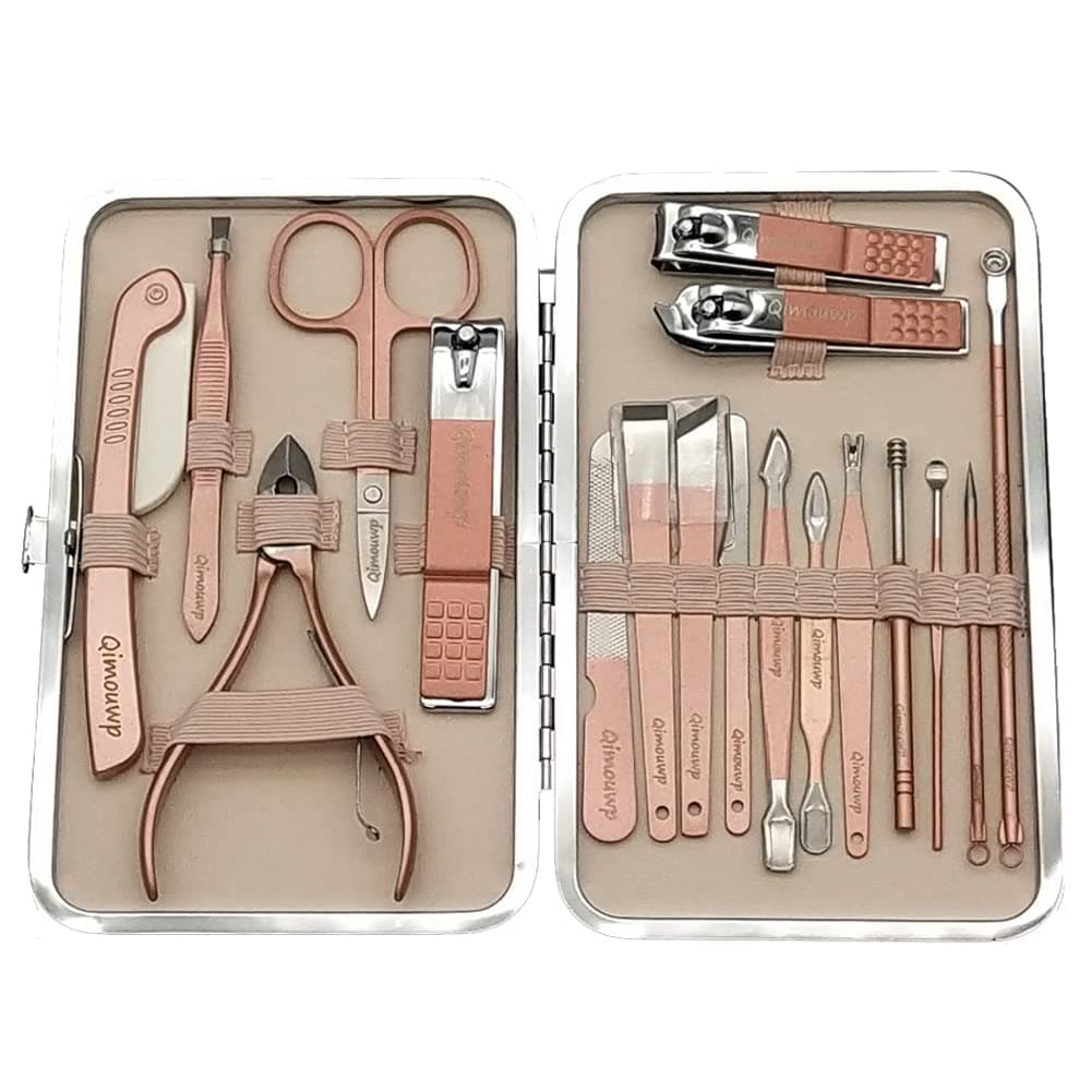 Qimouwp Manicure Set Premium 19Pcs Nail Clippers Pedicure Kit Professional Grooming Blackhead Remover Ear-Pick Tools Stainless Steel Cuticle Trimmer Nails Hands Foot Care Set for Men and Women Pink