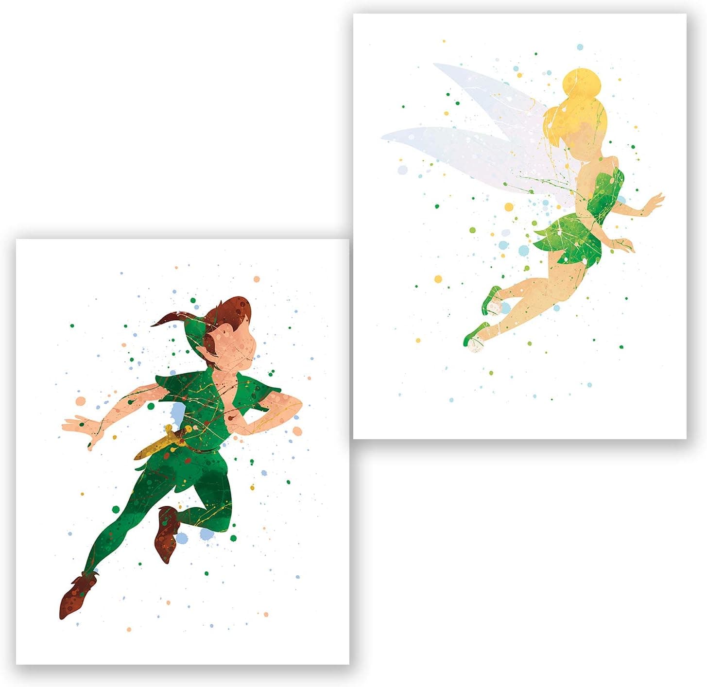 Peter Pan and Tinkerbell Posters – Set of 2 Art Prints – Kids Room Nursery Wall Decor – Party Decoration Supplies – Watercolor Artwork (8x10)