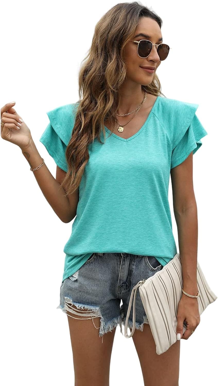 Womens Tops V Neck Ruffle Short Sleeve Tshirts Blouses for Women