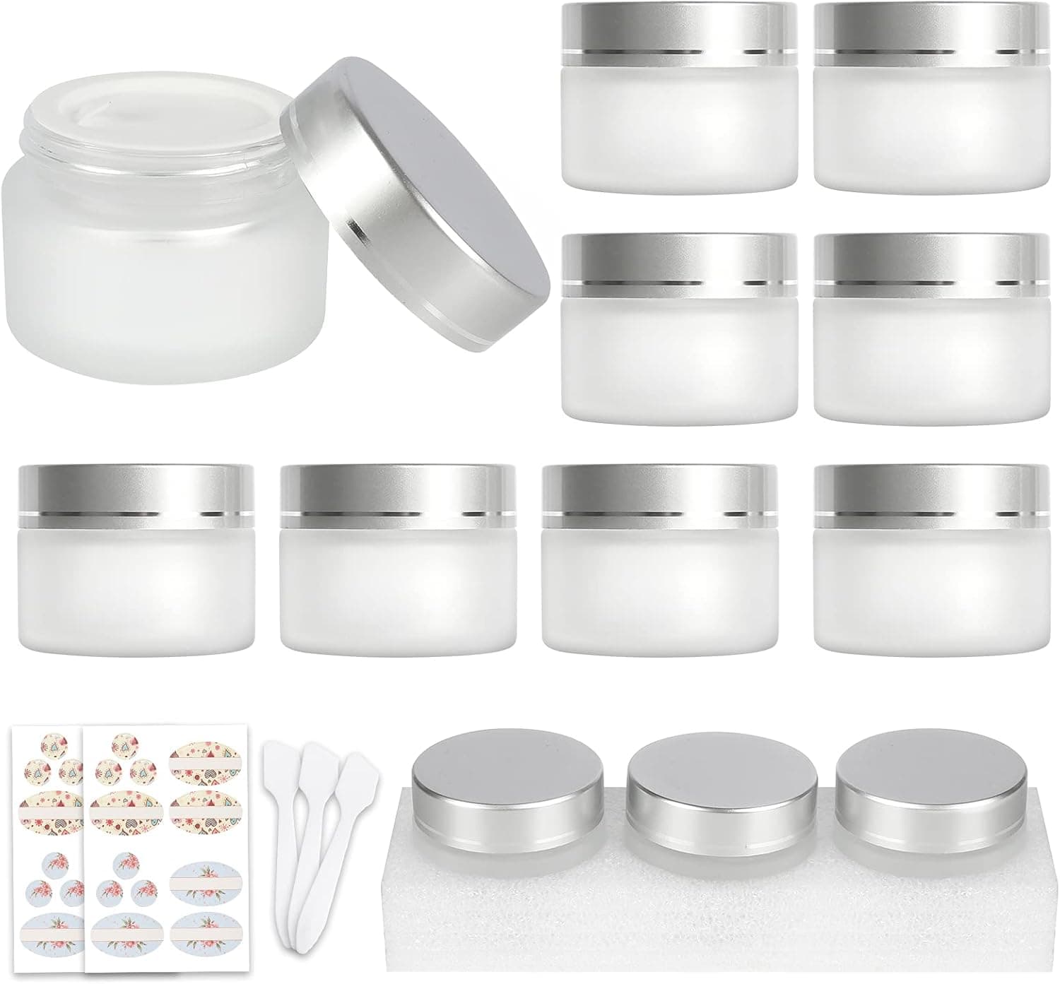 Haneye 1 oz Clear Round Matte Glass Jars, Pack of 12 with Silver Plastic Lids and Inner Liners, Cosmetics Containers for Face Cream Lotion, Powder, Candle, Body Butter