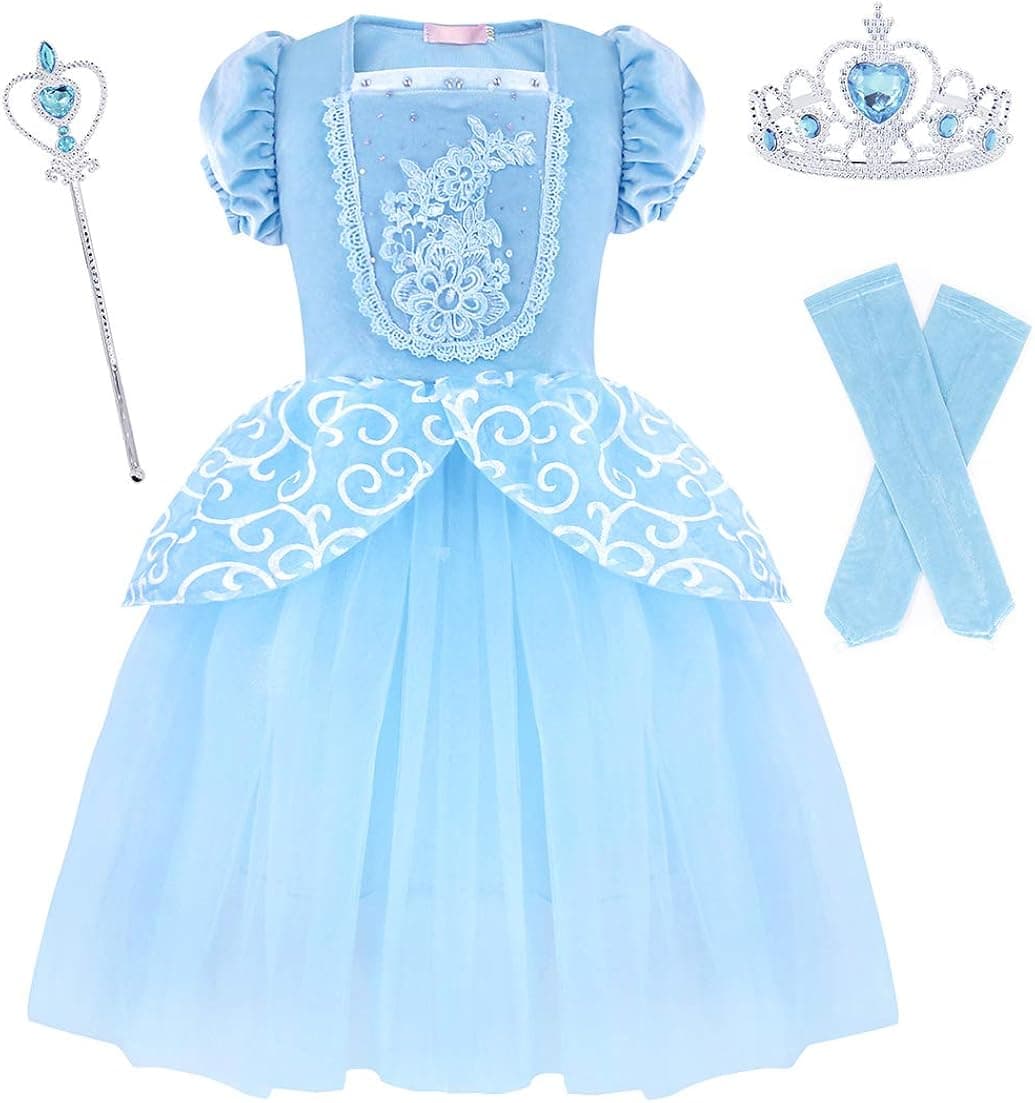 HenzWorld Role Pretend Costume Dress Birthday Cosplay Party Princess Accessories Blue Velvet Floral Embroidery Puff Sleeve Outfit Little Girls 4-5 Years