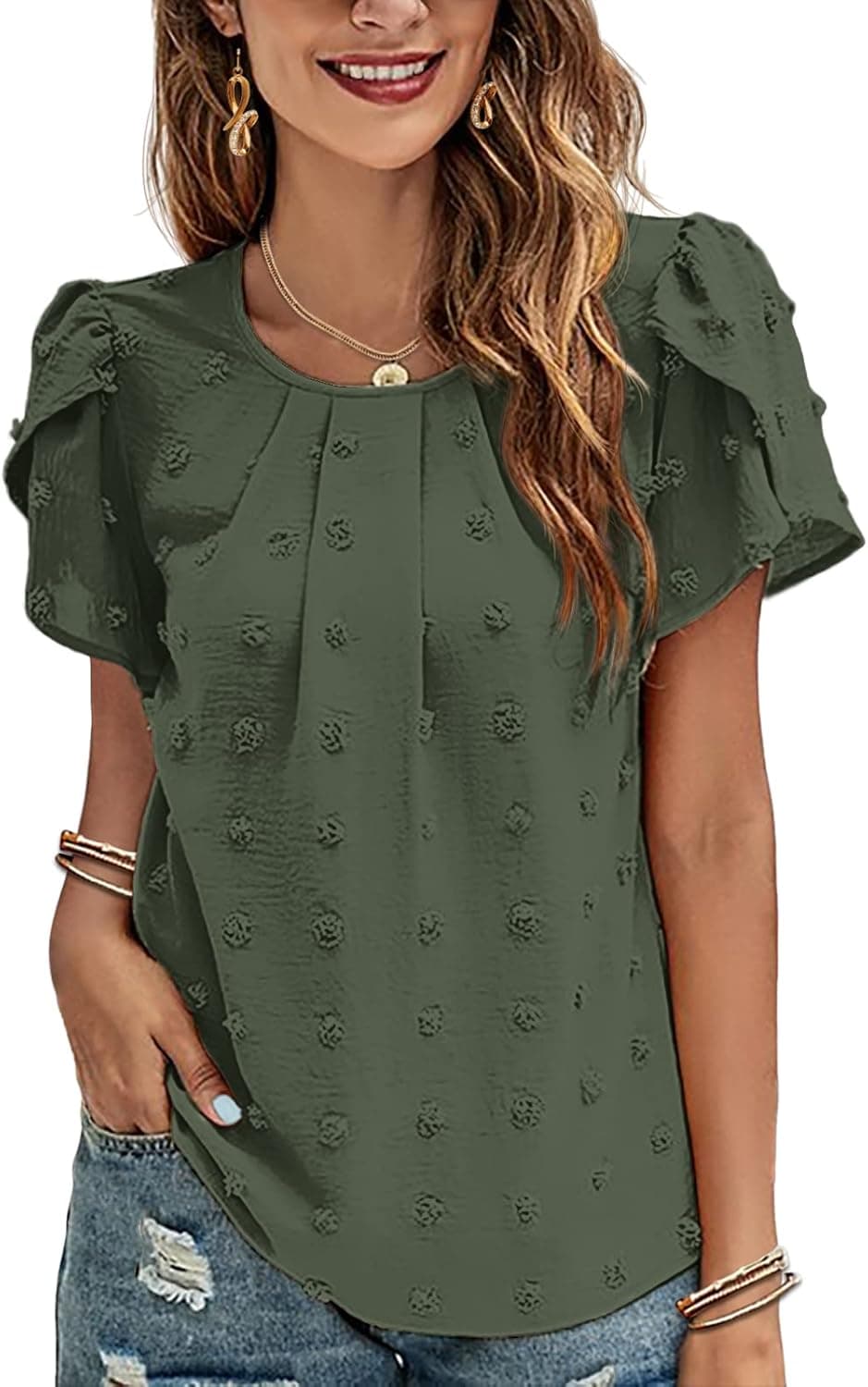 Hotouch Womens Chiffon Tops Casual Blouses Petal Sleeve Swiss Dot Pleated Round Neck Solid Cute Tunic Shirts