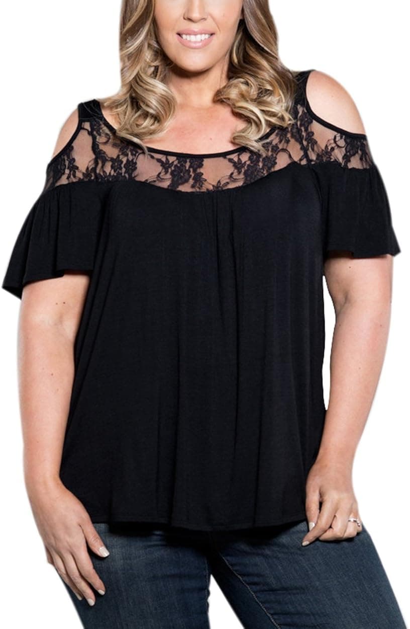 Women's Loose Short Sleeve Cut Out Off Shoulder Crochet Lace Tops Plus Size