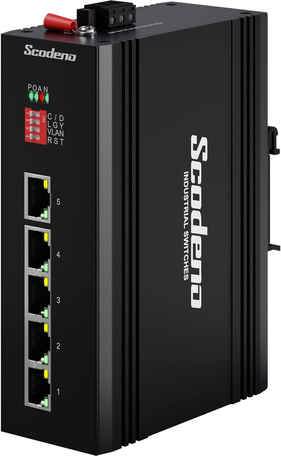Scodeno Unmanaged 5 Port Gigabit Industrial Outdoor Ethernet Switch, 10Gbps Switching Capacity, DIN-Rail Mount, Metal Housing, Fanless, IP40 Rated